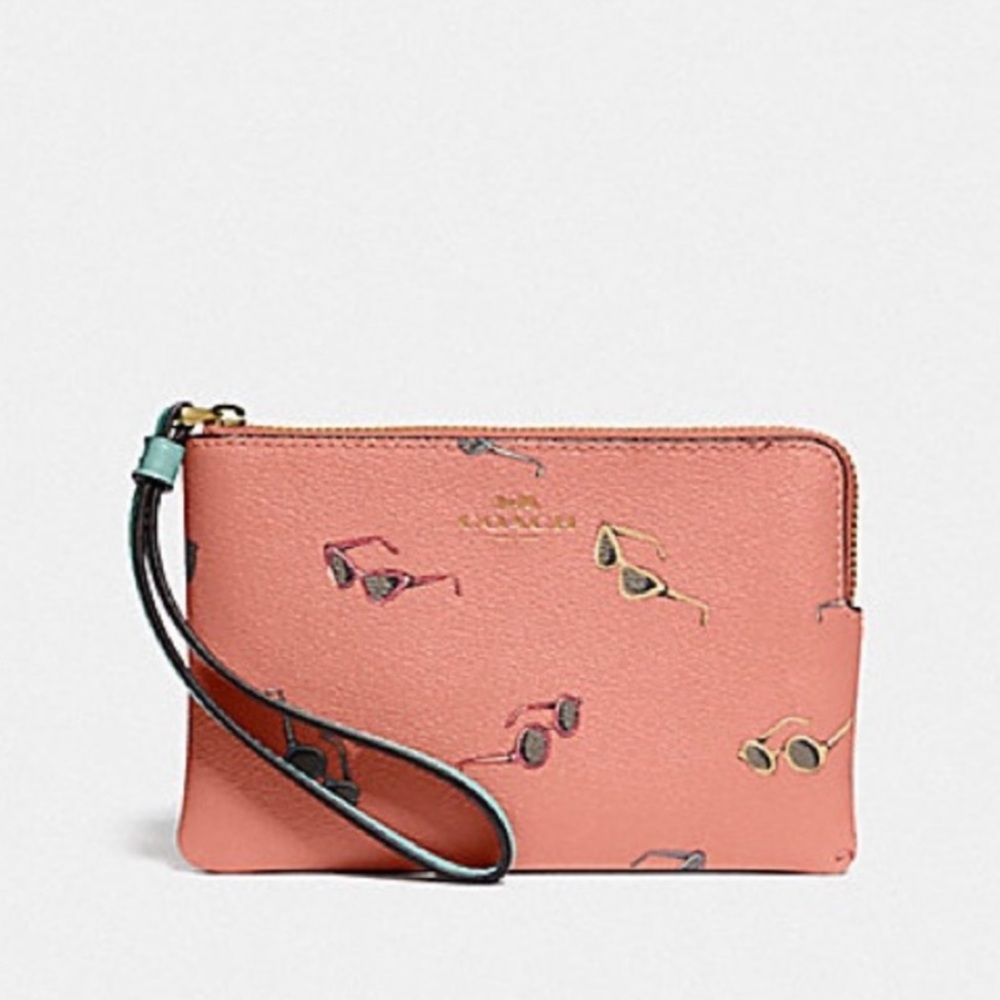 Coach Corner Zip Wristlet with Sunglasses Print Coral Pink Gold F73451